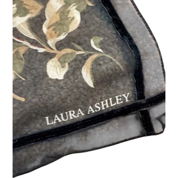 Laura Ashley Floral Scarf Lightweight Black Sheer Velvet Trimmed Accent - Picture 2 of 4